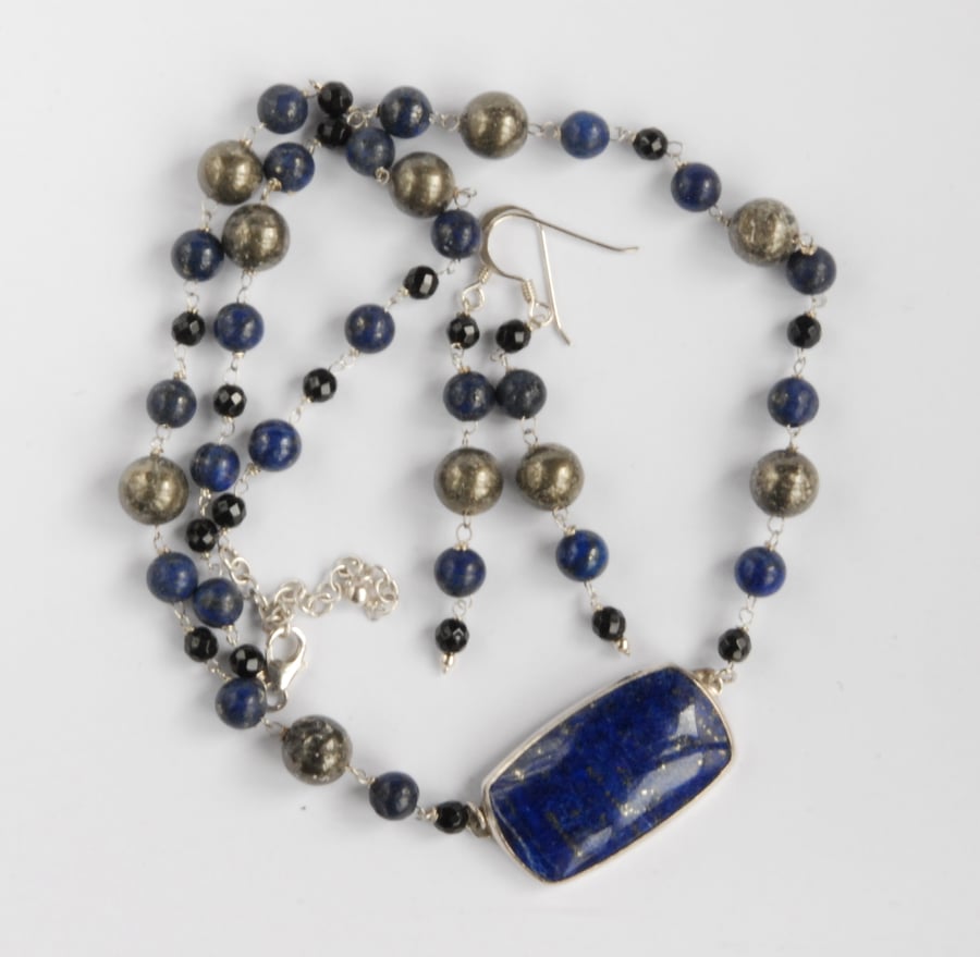 Blue Lapis, golden pyrite and black onyx silver necklace and earrings set