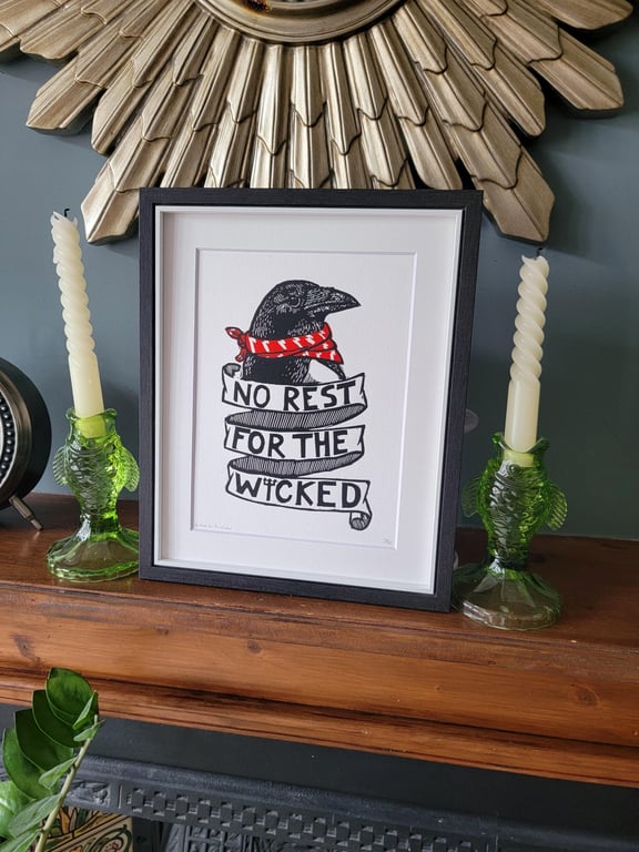 No Rest for the Wicked - original handmade linocut bird art print