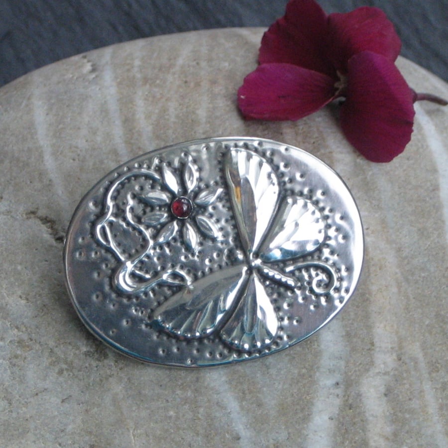 Butterfly Garnet Brooch in Silver Pewter