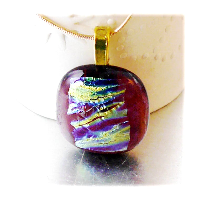 Dichroic Glass Pendant 059 Cranberry Gold Handmade with gold plated chain