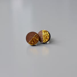 Wooden Circle Ear Studs with Gold Glitter