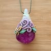 Magenta Pink Crackle Quartz Crystal and Polymer Clay Amulet Pendant