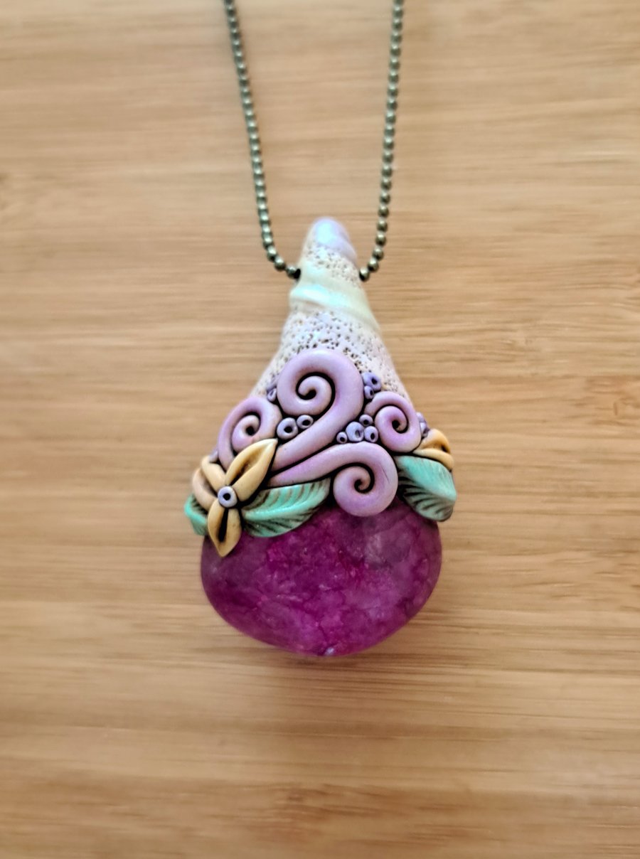 Magenta Pink Crackle Quartz Crystal and Polymer Clay Amulet Pendant