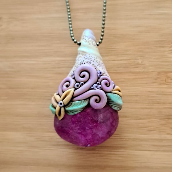 Magenta Pink Crackle Quartz Crystal and Polymer Clay Amulet Pendant