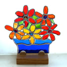 Stained Glass Flower Vase On Wooden Stand Handmade Art Gift 