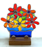 Stained Glass Flower Vase On Wooden Stand Handmade Art Gift 