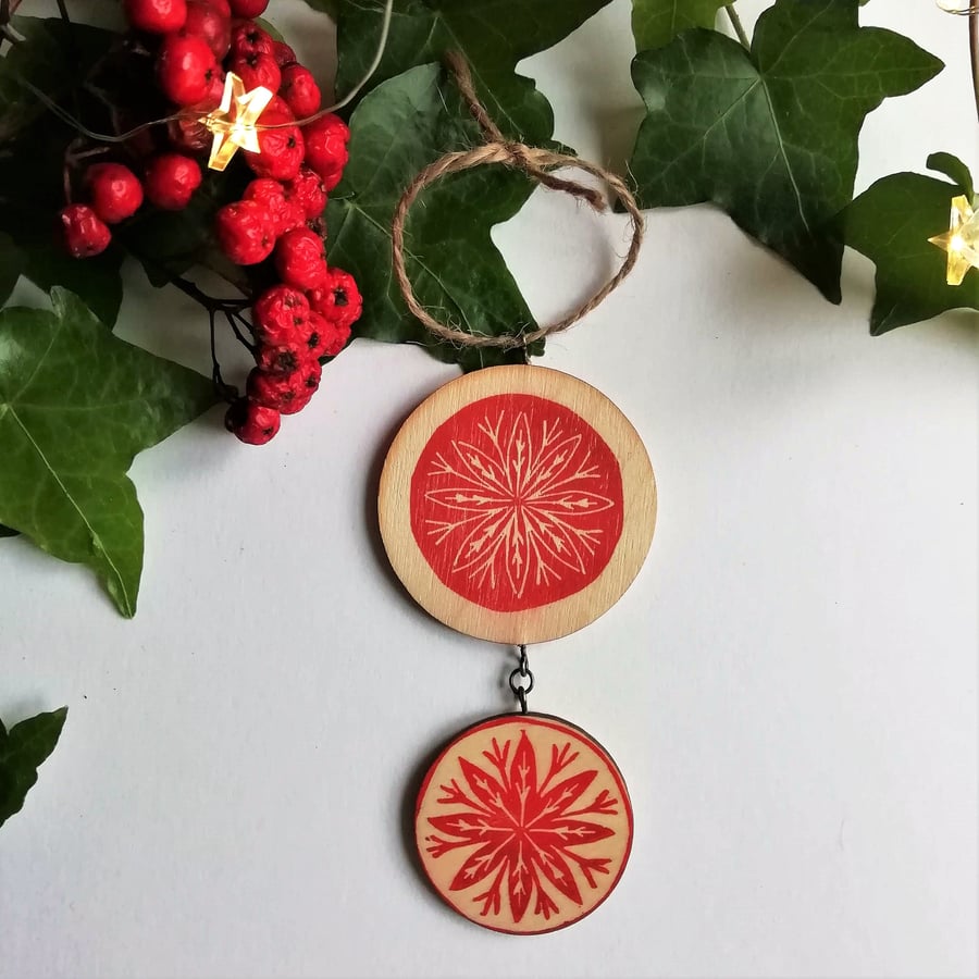 Handprinted Wooden Tree decoration in Red
