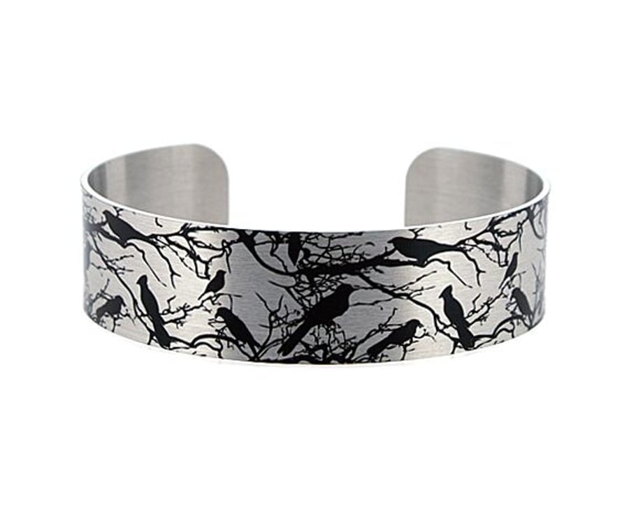 Bird jewellery, handmade cuff bracelet with birds in branches. B204