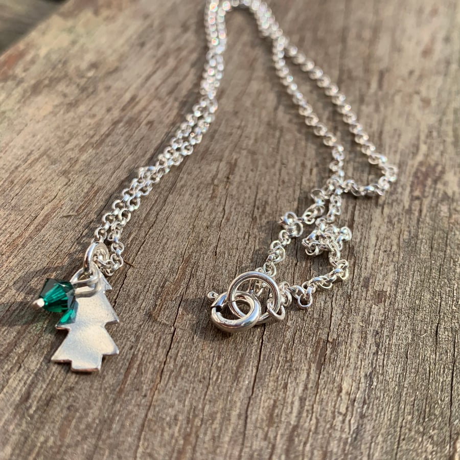 Sterling silver Christmas tree pendant with emerald crystal bead