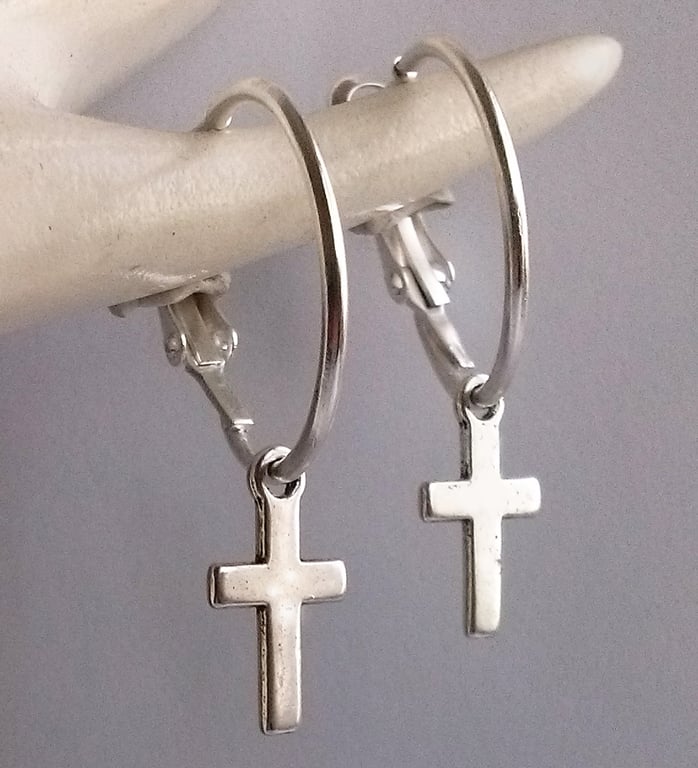 Cross Hoops Charm Hoop Silver Plate Earrings 