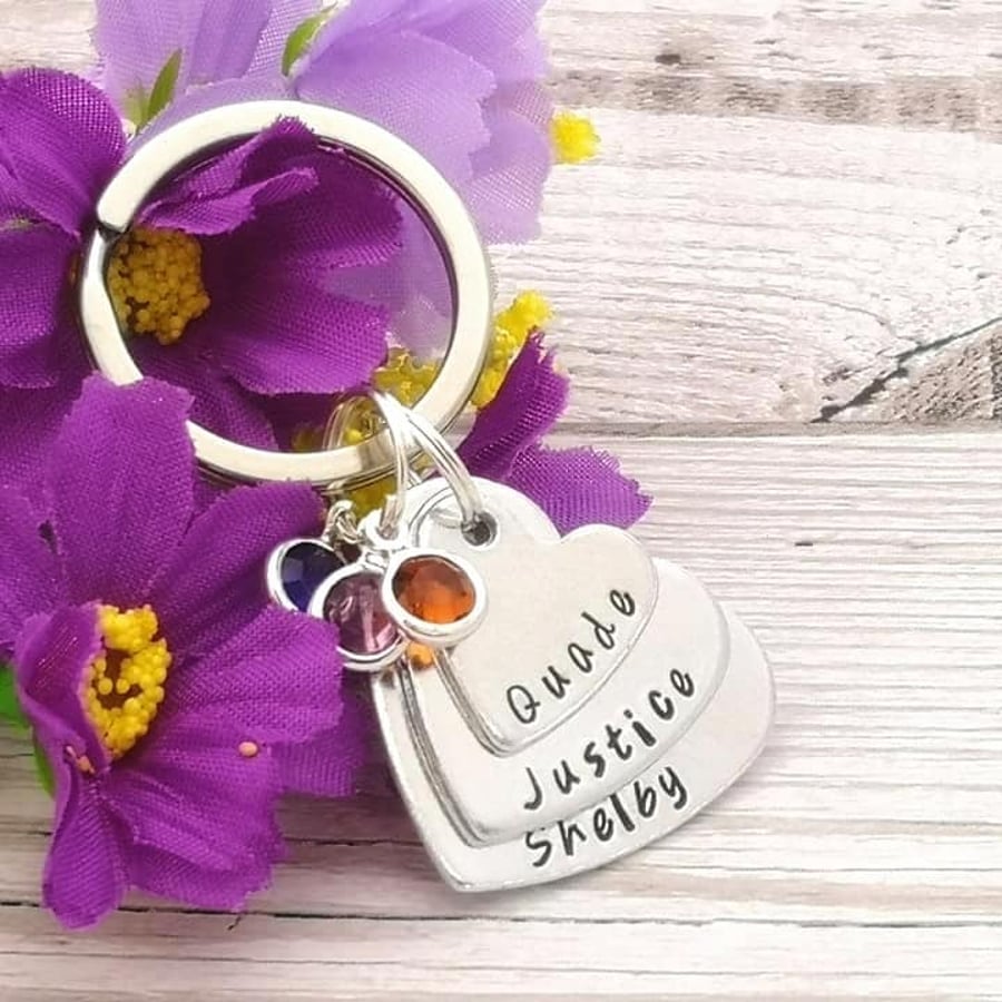 Personalised Three Heart Stacked Keyring With Birthstone Crystals - Custom Name