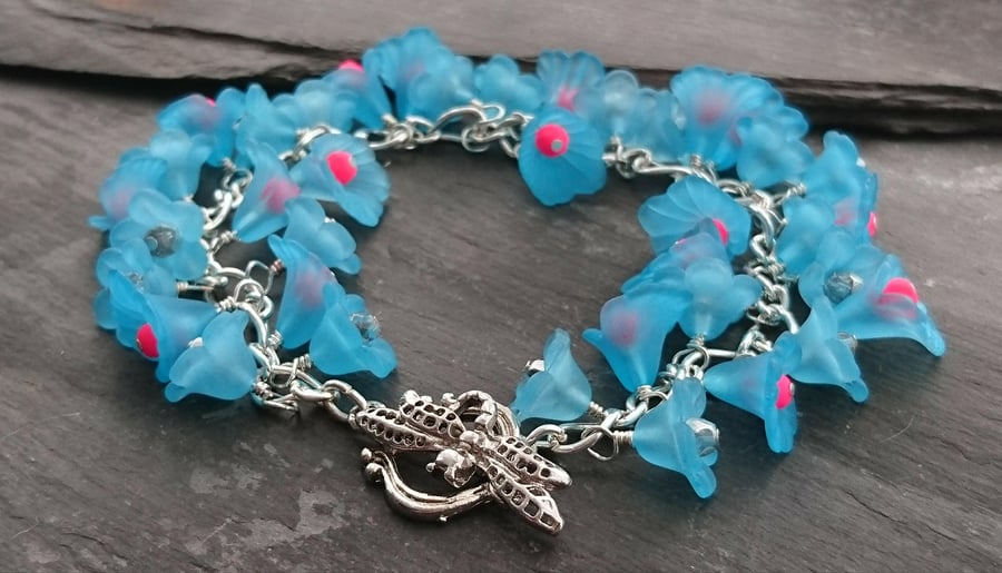 SALE Turquoise, pink and silver flower bracelet with dragonfly clasp