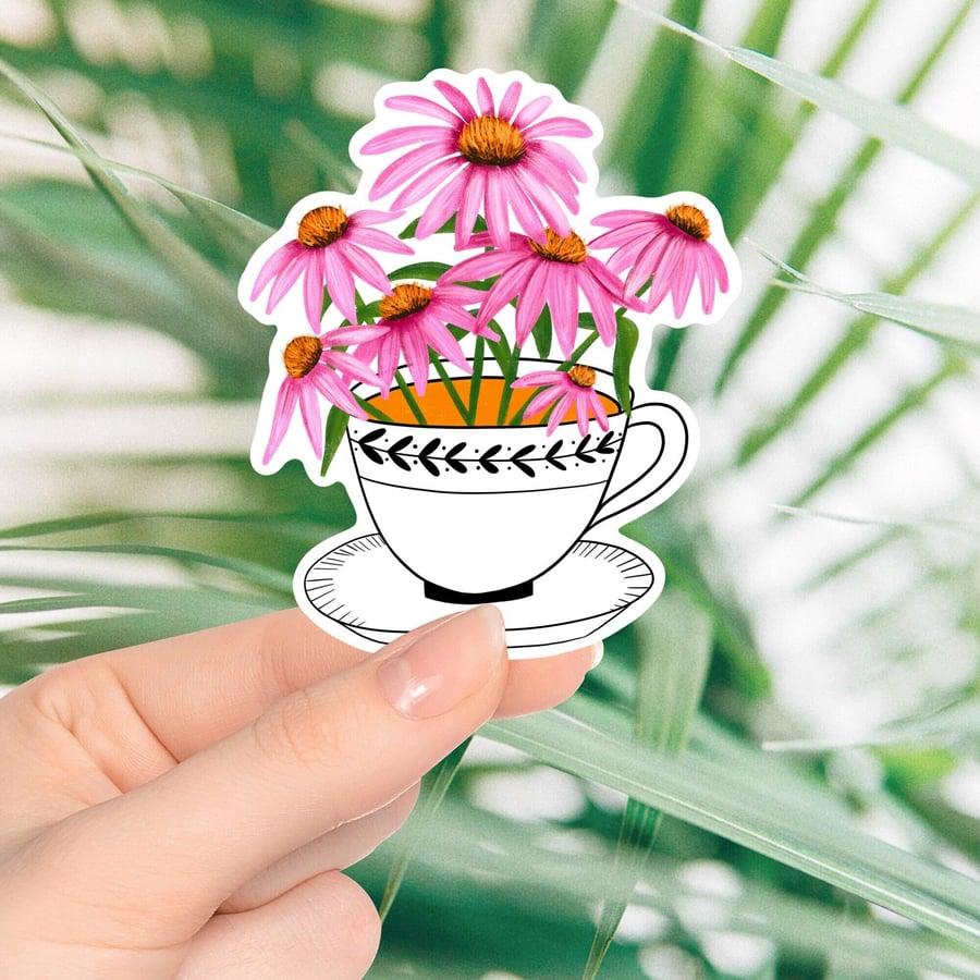 Floral Tea Cup Vinyl Die-cut Sticker
