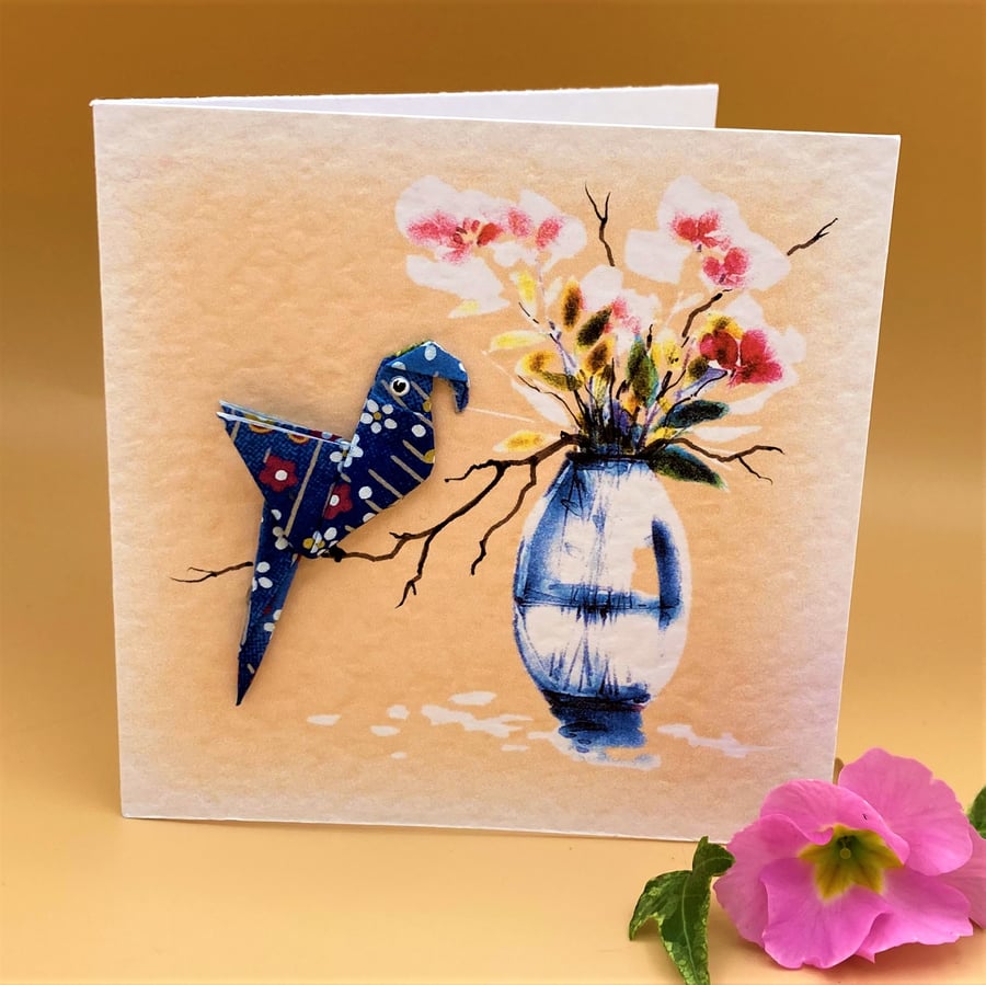 Unique Greetings Card, Hand Folded Dark Blue Origami Parrot on a floral card. 