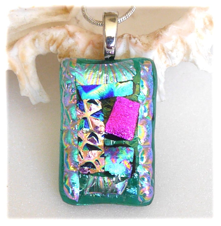 SOLD Dichroic Glass Pendant 224 Teal Pink handmade with silver plated chain