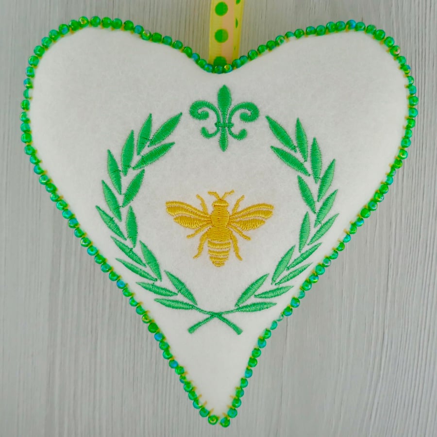 Beaded Felt Heart Decoration: Embroidered Bee & Laurel design 6.25” (16cm)