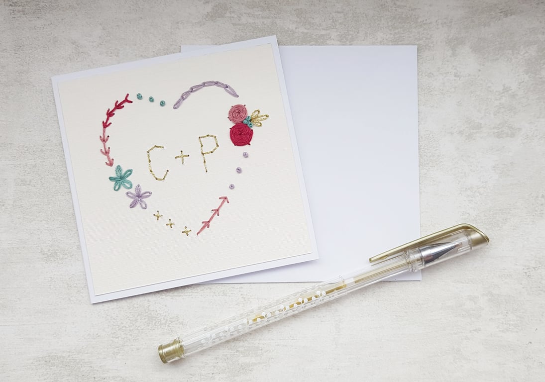 Hand Embroidered Personalised Heart Wedding Card, Keepsake Anniversary Card 