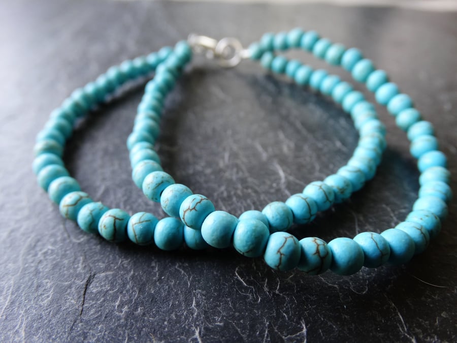 Two stranded turquoise beaded bracelet with silver findings and clasp