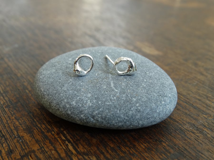 Tiny hagstone stud earrings - recycled sterling silver studs - mismatched studs