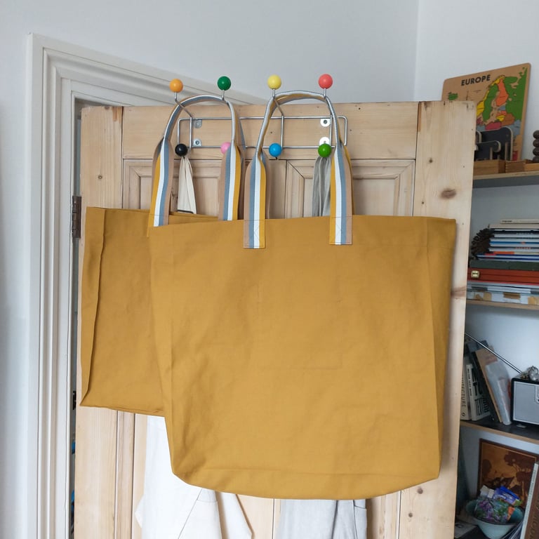 Canvas Tote Bags with Stripe Handles in Upcycled Ochre Yellow Cotton Fabrics