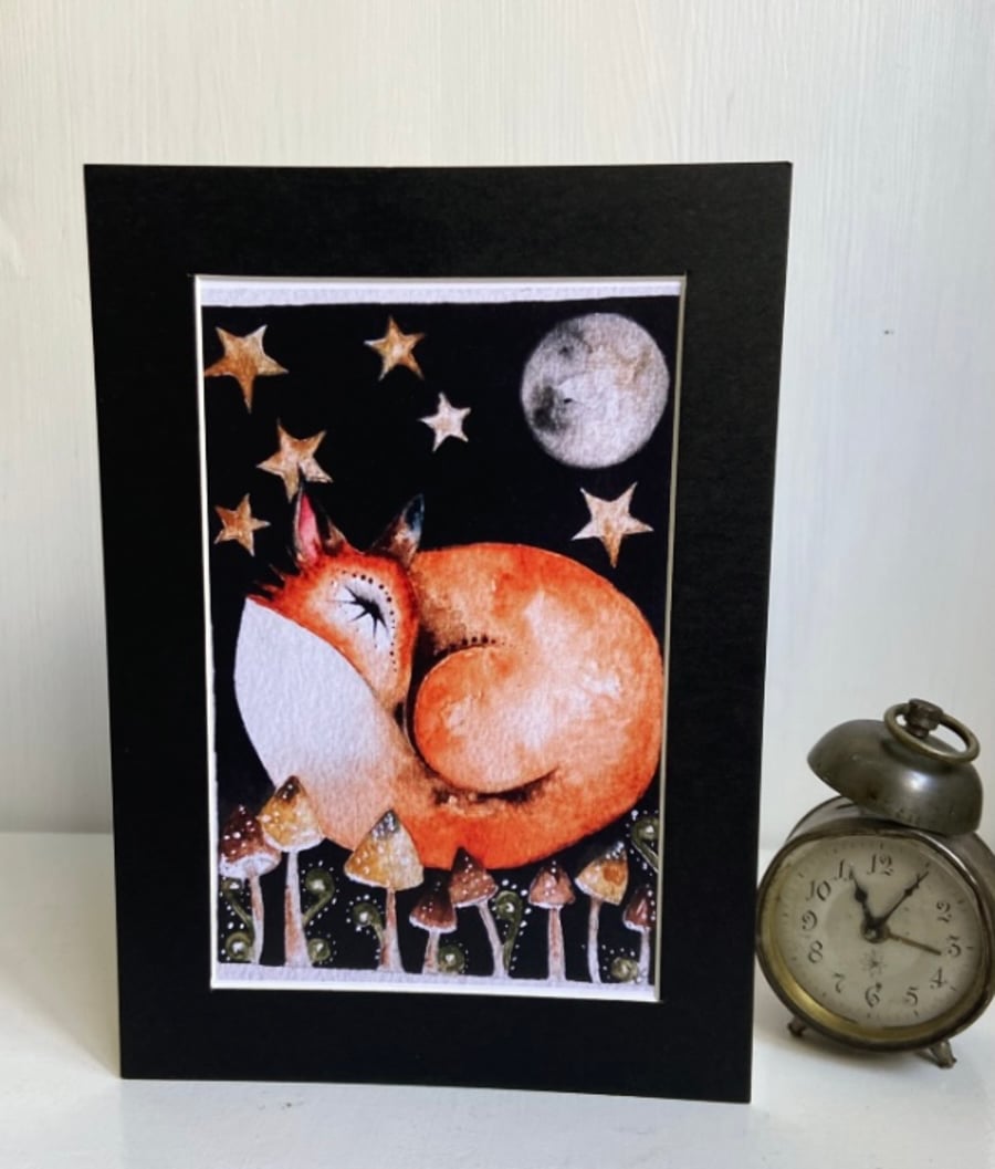 Mounted Print from my Original Resting Fox under the Moon and Stars  Painting
