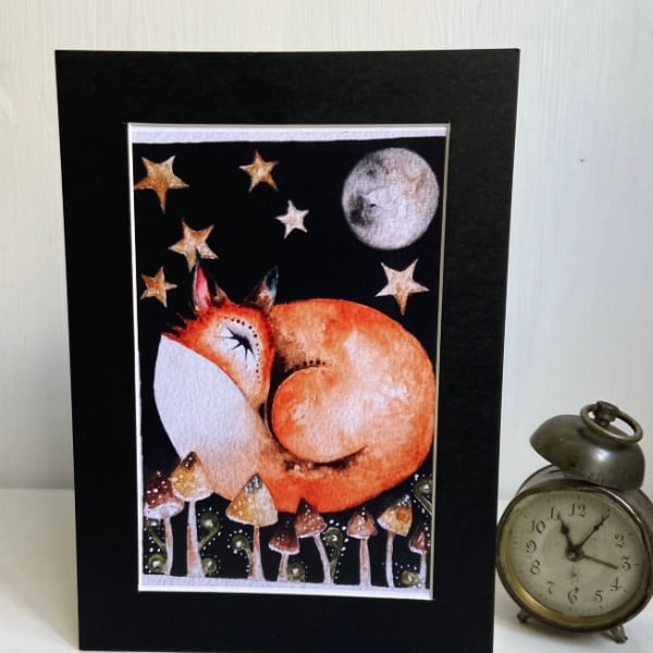Mounted Print from my Original Resting Fox under the Moon and Stars  Painting