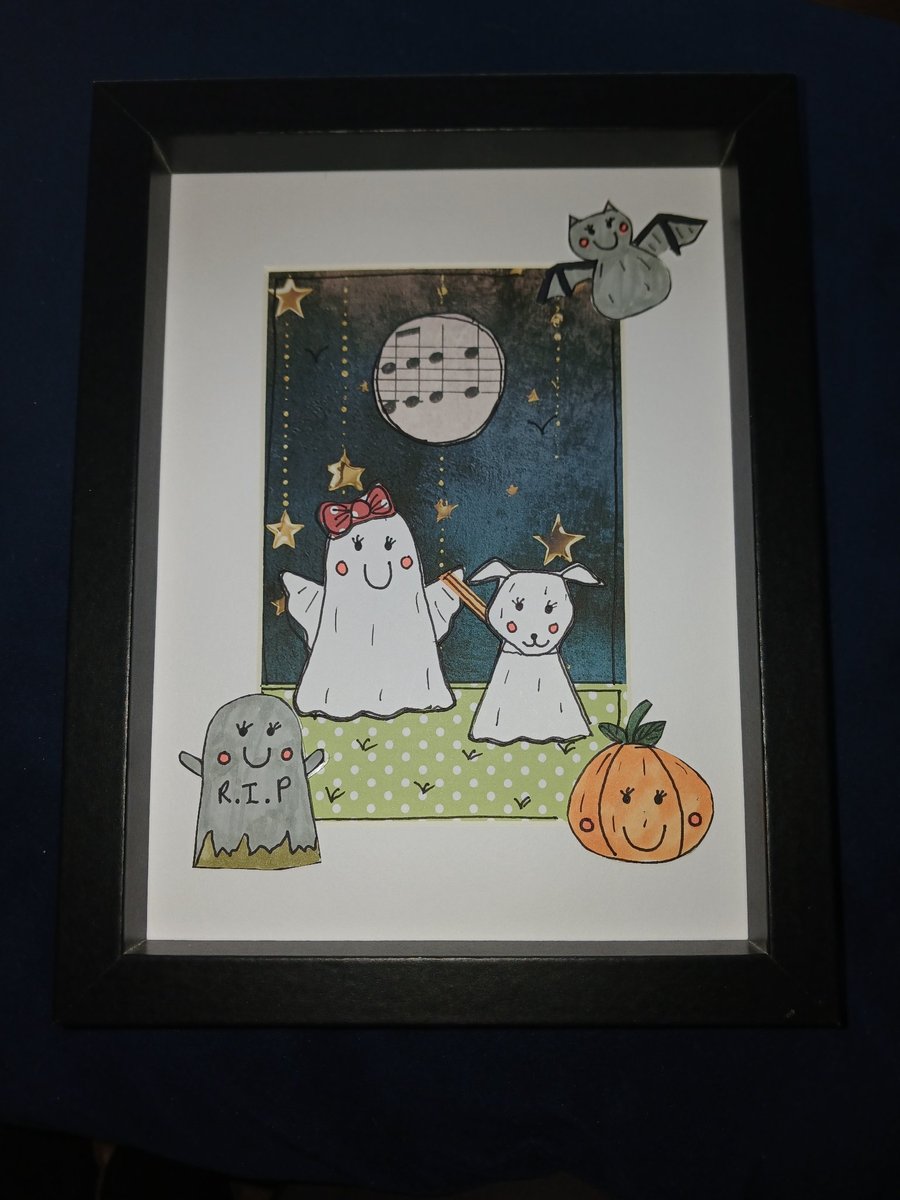 Quirky art, cute halloween original art cute ghost walking her ghost dog art