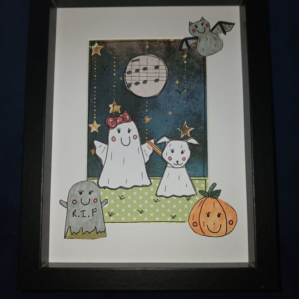 Quirky art, cute halloween original art cute ghost walking her ghost dog art