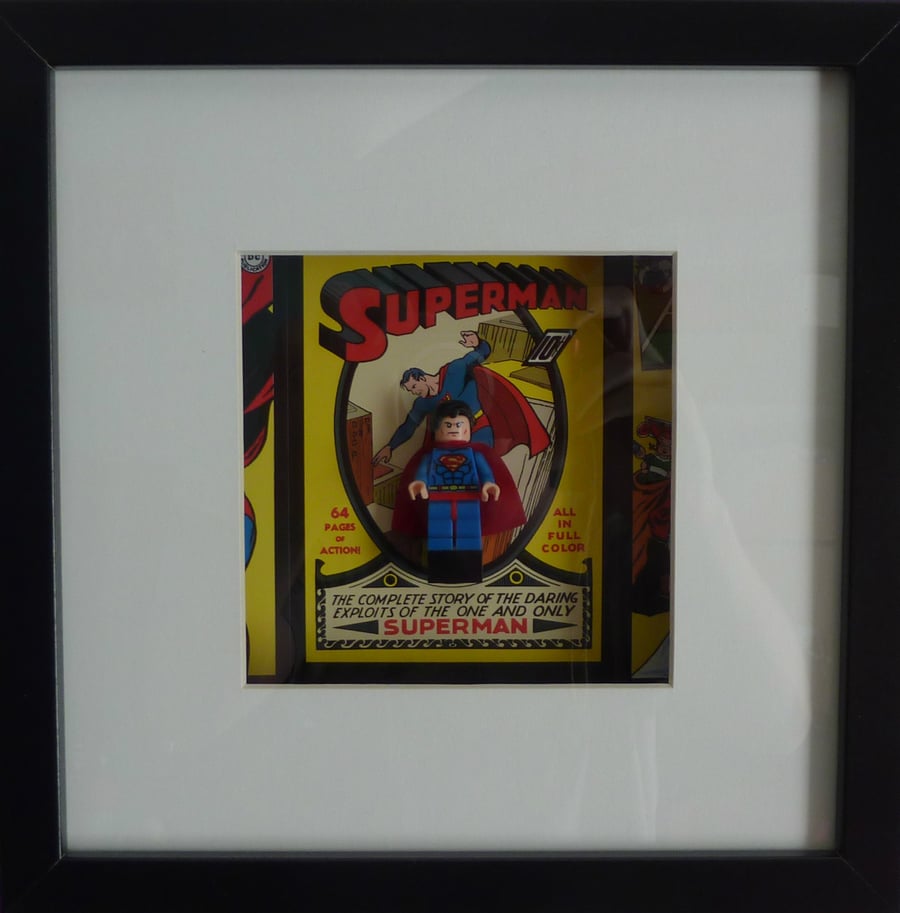 Lego Superman Mini figure Superhero Wall Art - Framed Picture Comics
