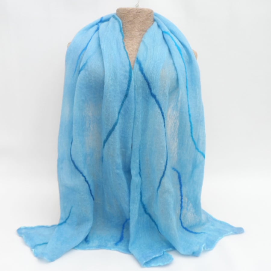 Blue merino wool and silk nuno felted scarf with highlights