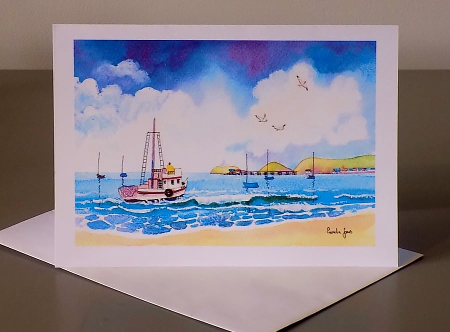 Fishing Boat Mumbles, Swansea Bay, Art Greetings Card, Size A5, Blank inside