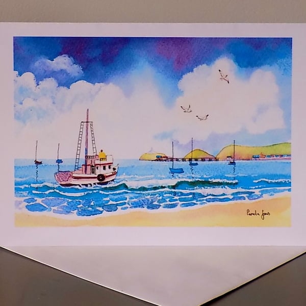 Fishing Boat Mumbles, Swansea Bay, Art Greetings Card, Size A5, Blank inside