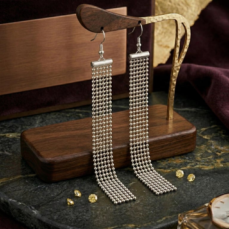 Silver Gold Ball Chain Tassel Earrings 12cm