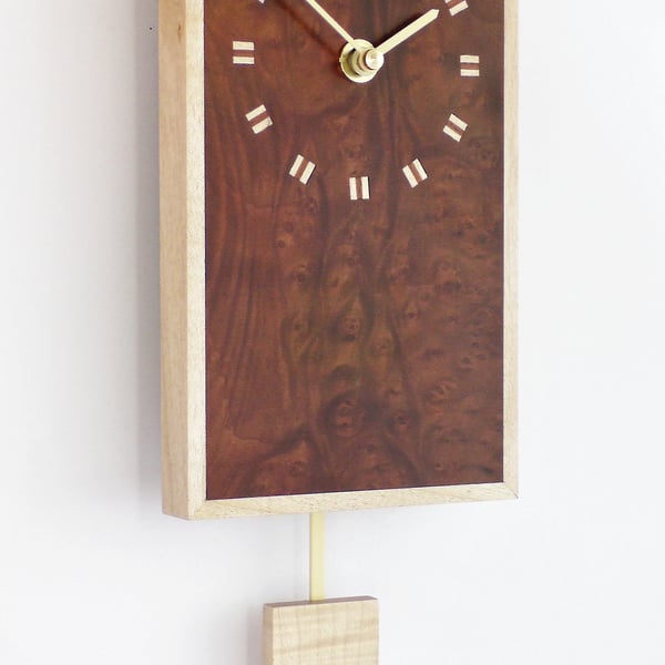 Rectangular Pendulum Wall Clock in burr madrone and sycamore with inlaid squares