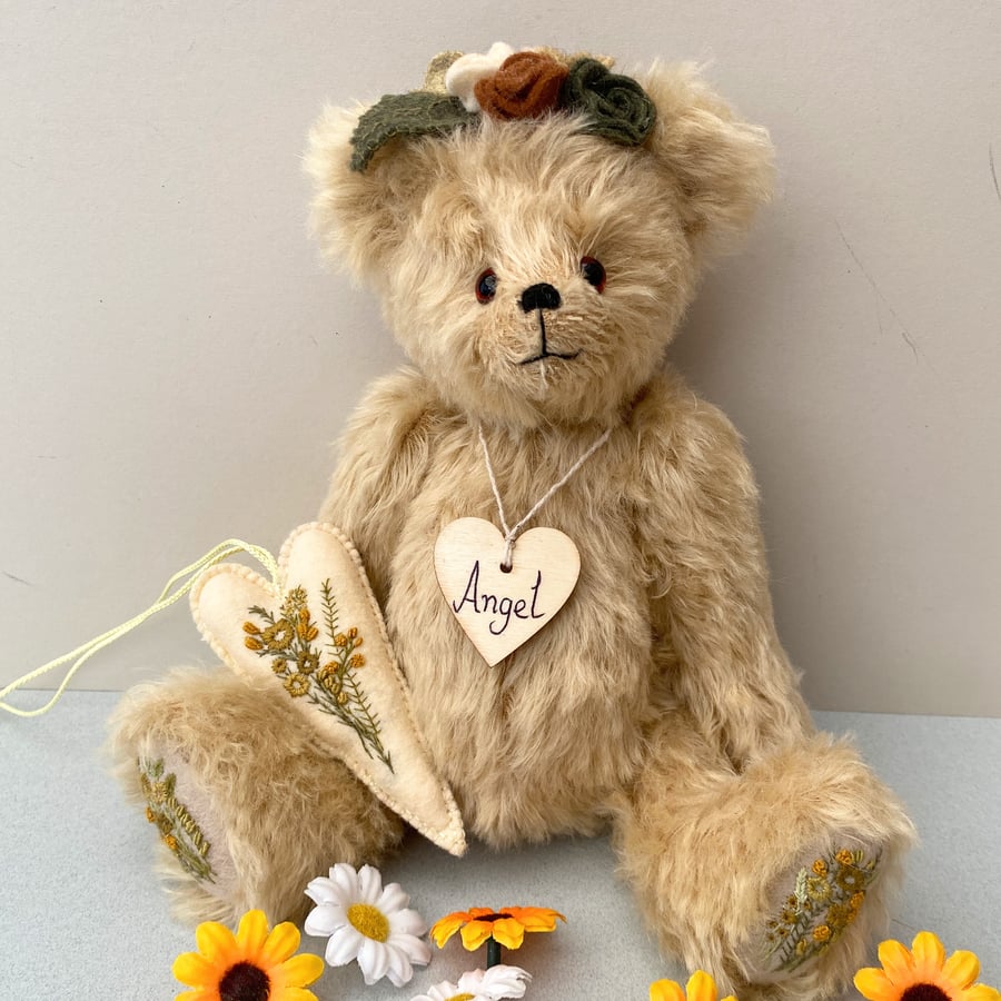 Embroidered luxury mohair artist bear, one of a kind collectable teddy bear