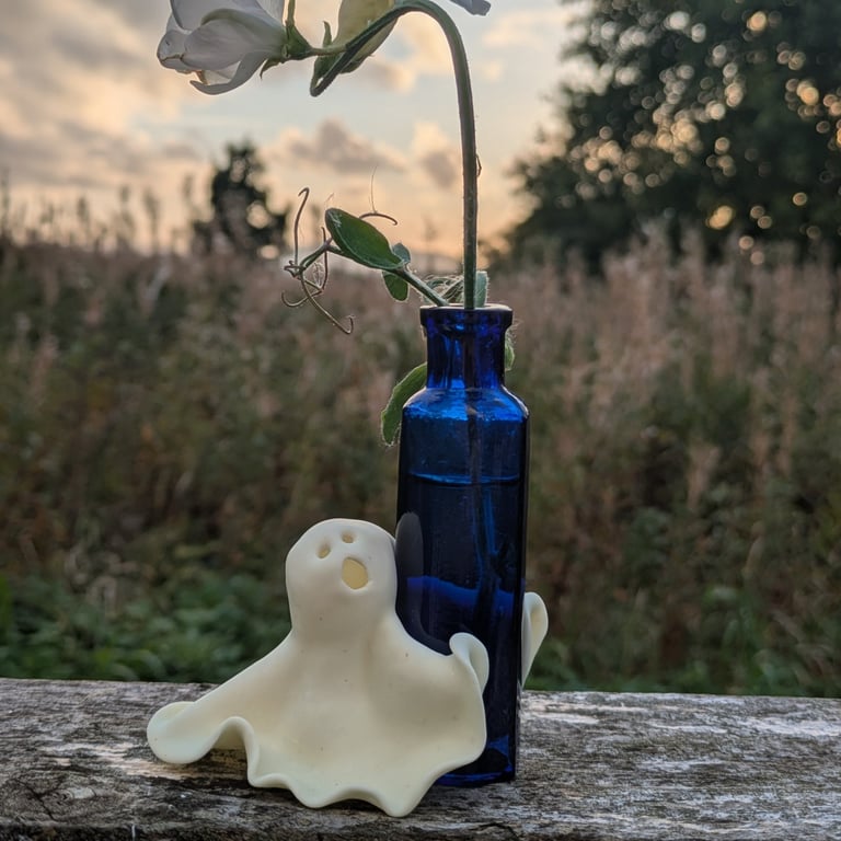 Maxwell- vintage glass bud vase held by glow in the dark ghost