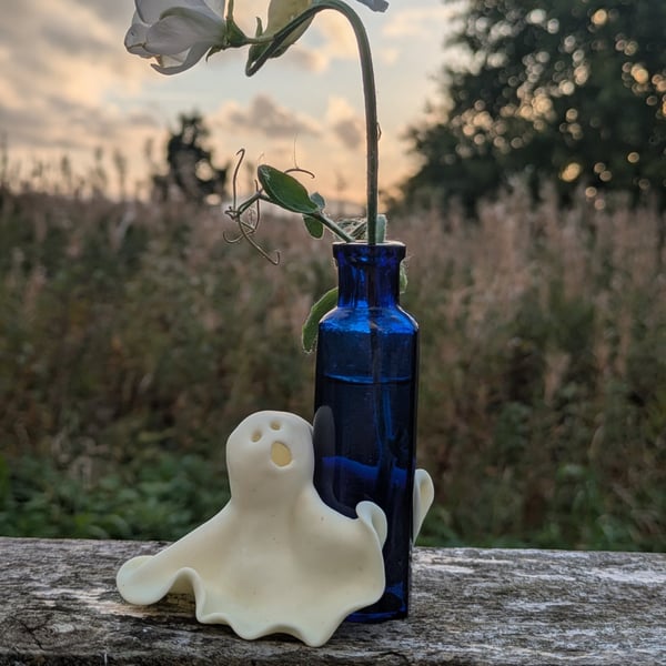 Maxwell- vintage glass bud vase held by glow in the dark ghost