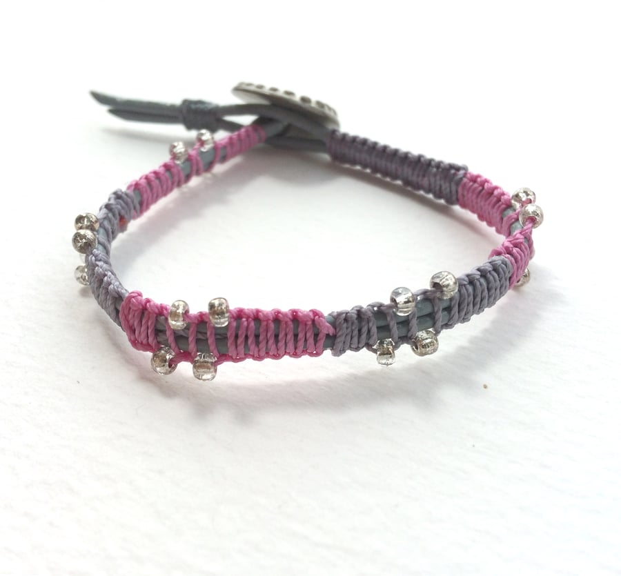 Grey Leather Bracelet, Beaded Pink Macramé