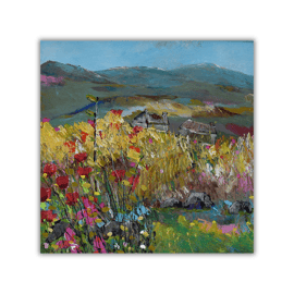 A mounted acrylic painting - Glen Clova- wildflowers - cottages