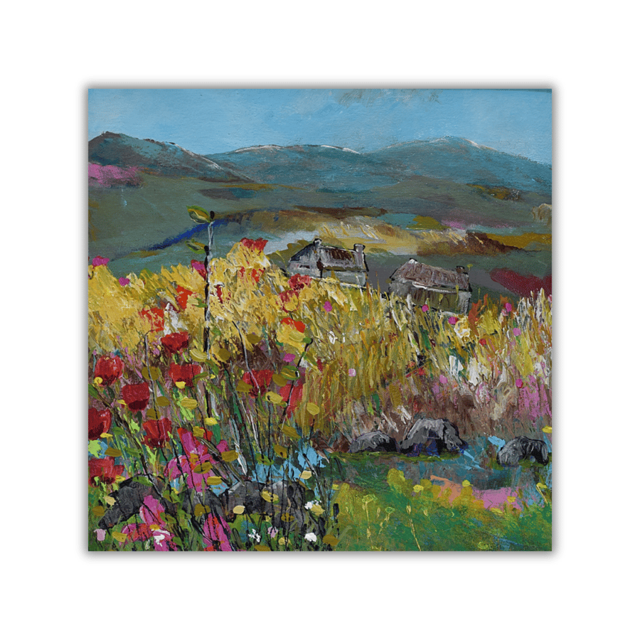 A mounted landscape painting - Scottish Glen - wildflowers - cottages