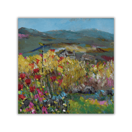A mounted landscape painting - Scottish Glen - wildflowers - cottages