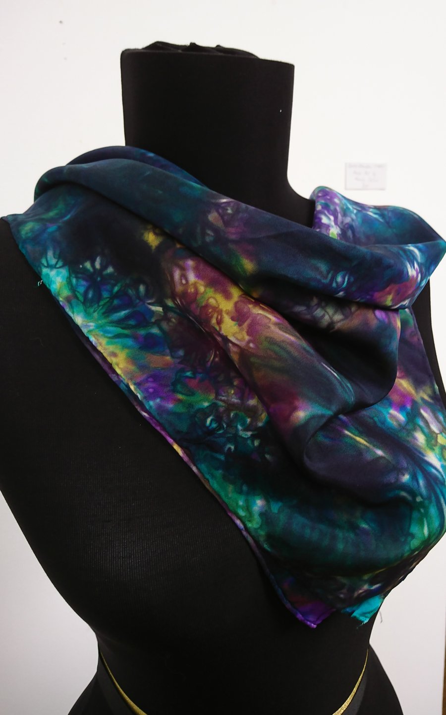 Dark Turquoise, Purple and Green - Hand Painted 100% Silk Scarf 55cm square