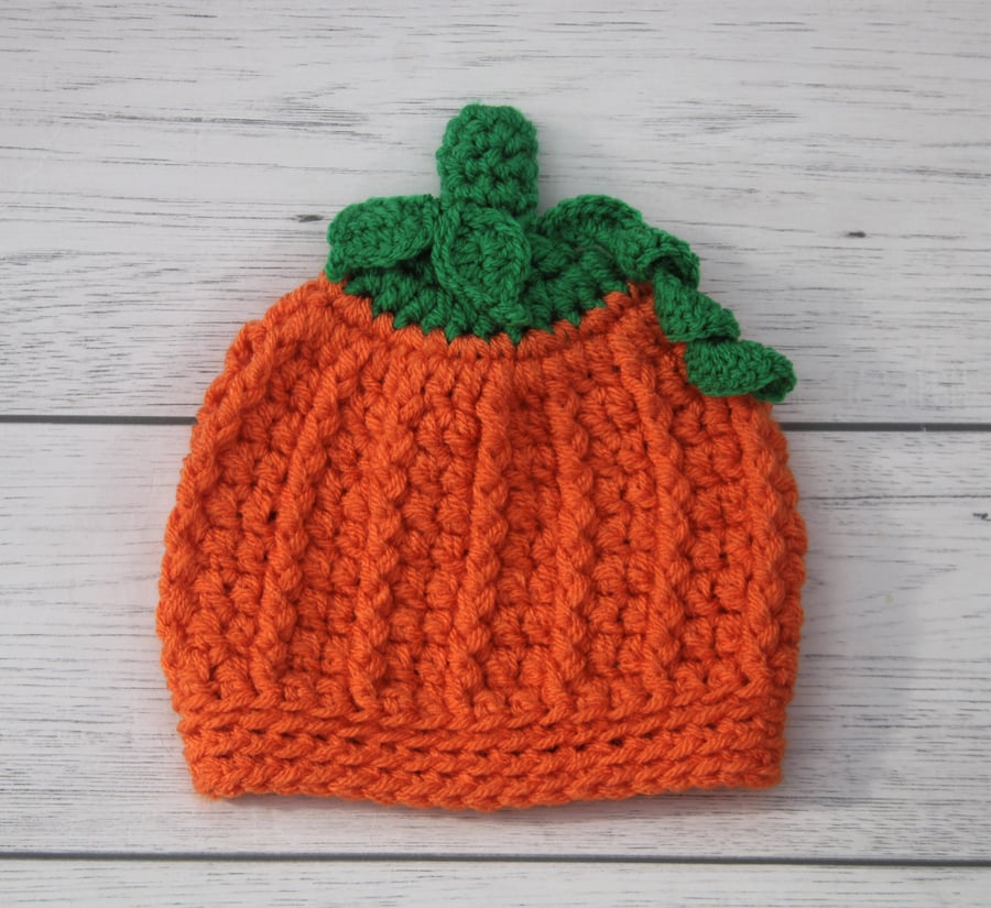 Pumpkin Hat, Baby Pumpkin Beanie Hat, Sizes 0-6 Months and 6-12 Months