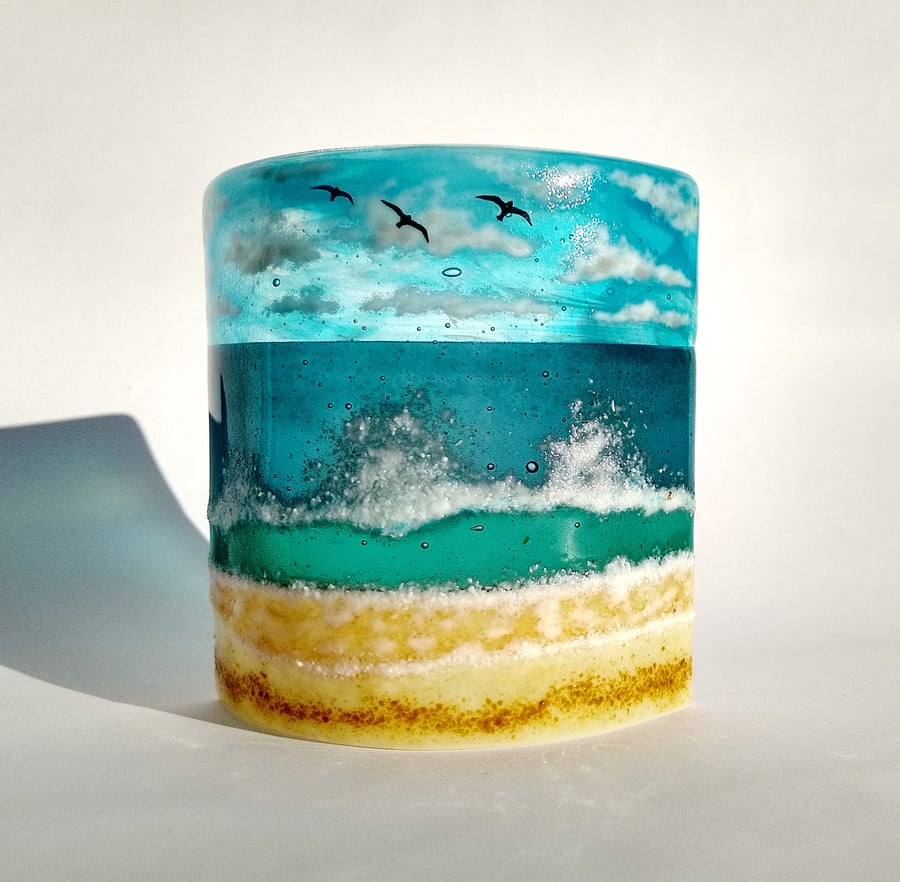Waves on the Beach fused glass curve