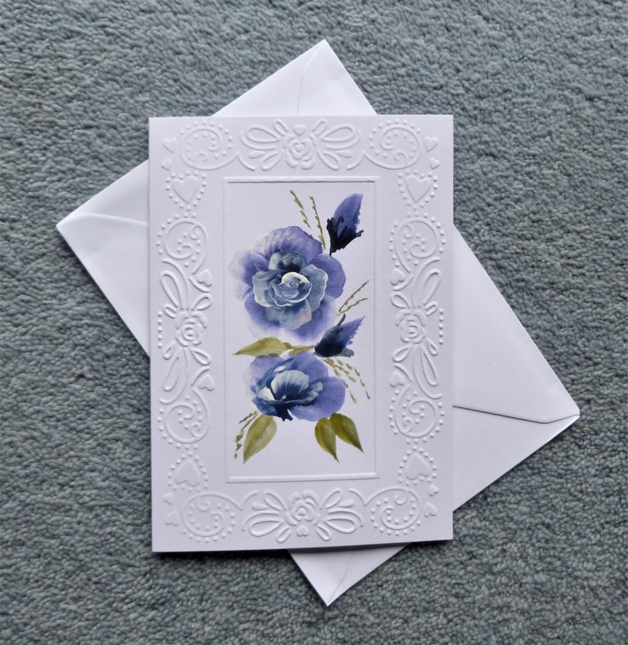 hand painted embossed floral blank greetings card ( ref F 282 )