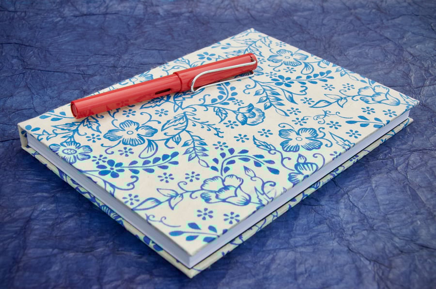A5 Notebook with blue flower handmade paper cover