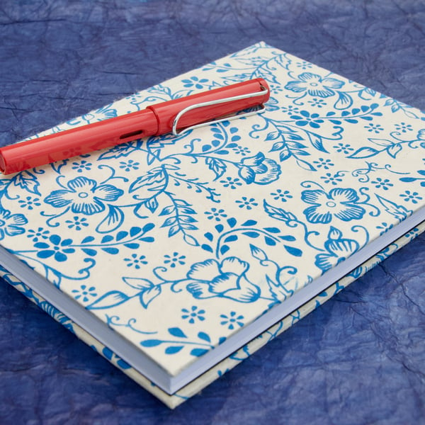 A5 Notebook with blue flower handmade paper cover
