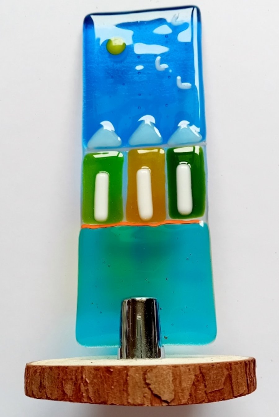 Fused glass Worry Poppet with 3 beach huts