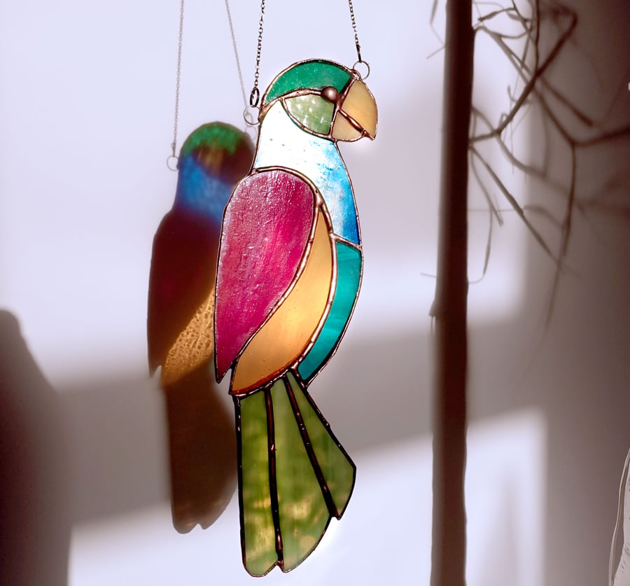 SALE Parrot Suncatcher made from a mix of vibrant textured stained glass