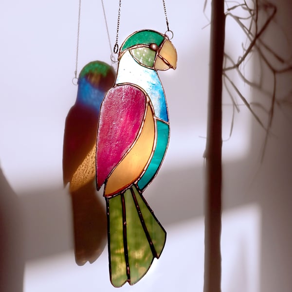 SALE Parrot Suncatcher made from a mix of vibrant textured stained glass